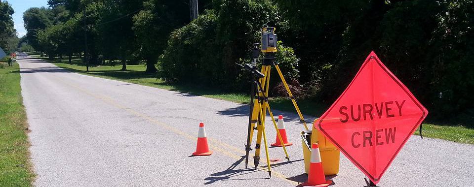 Vector Surveying Services' equipment measuring a new Ohio road.