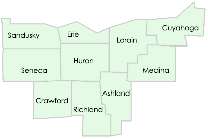 A map depicting Vector Surveying's service area: Lorain, Erie, Cuyahoga, Huron, Ashland, Medina, Crawford, and Richland, Seneca, and Sandusky counties.